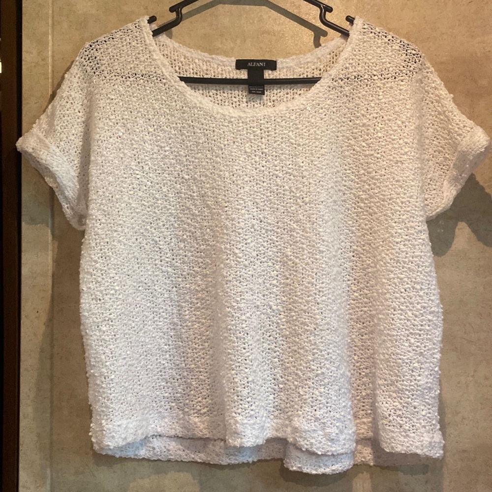 Alfani crocheted blouse, shimmery white. Ladies size S, short sleeved.